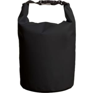 A waterproof dry bag in black with a secure buckle closure and a round base. It has a logo prominently featured.
