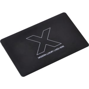 A black flip card flash drive with a minimalist design and a branding logo.