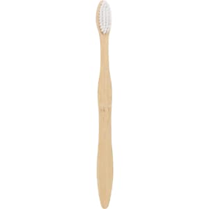 A large wavy handle toothbrush in a natural wood tone with white bristles and a simple design.