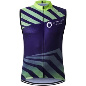 A sleeveless cycling vest in purple and green with a geometric pattern and a logo.