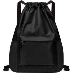 A black multi-pocket drawstring backpack with a front zip pocket and adjustable straps, featuring a logo.