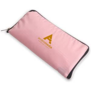 A pink foldable tote bag with a zippered closure and a logo on one side.
