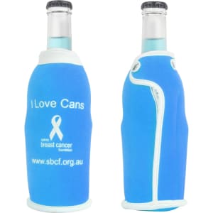 A drink bottle cooler in bright blue with a white trim and a logo, designed to fit standard bottles.