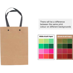 A small brown paper bag with a knitted black handle and two holes at the top. It includes colour samples.