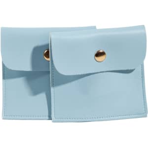 A square light blue PU leather jewelry pouch with a snap closure and a gold button.