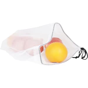 A set of five mesh produce bags in white, containing various fruits, with a drawstring closure.