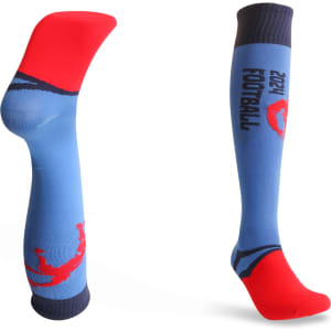 Knee high football socks featuring a blue design with red accents and logo, ideal for sports uniforms.