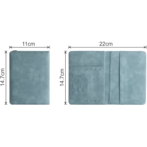 A teal RFID multifunctional PU leather passport holder with multiple card slots and dimensions displayed.