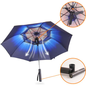 A blue sport umbrella featuring a built-in fan and showcasing a unique design with a visible frame and handle.