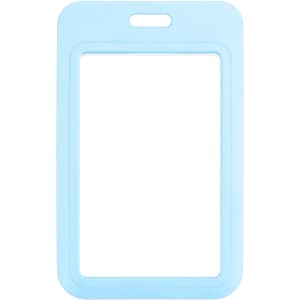 A light blue ABS double-sided ID card holder with a circular cutout at the top and a rectangular frame.