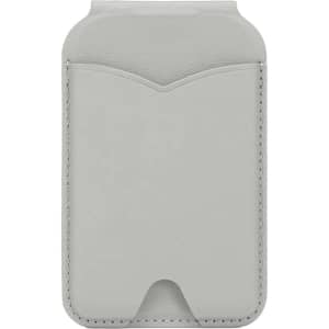 A grey PU magnetic card holder featuring a smooth finish and a slot at the top, with a mirror inside and a logo.