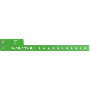 A green PVC wristband with perforations, featuring a tab and a logo.