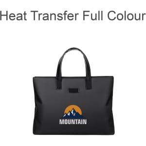 A nylon briefcase in black with two handles and a logo featuring mountains.