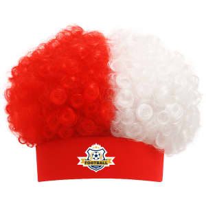 A red and white curly Afro headband wig with a logo on the front.
