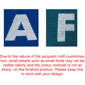 A close-up of fabric showing bold letters "A" and "F" in contrasting colours, with a textured pattern.