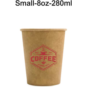 A small 8oz brown kraft paper cup with a logo, suitable for hot beverages.