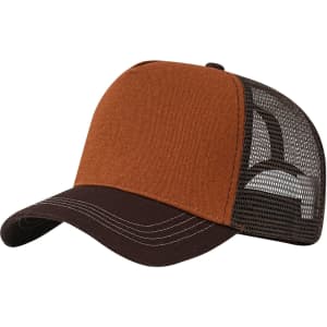 A brown and orange fashion mesh hat with a twill front and mesh back, featuring a curved brim.