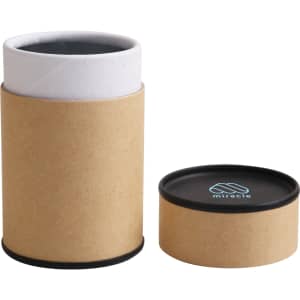 Medium kraft paper cylinder with a black lid, featuring a logo on the lid. The cylinder is cylindrical and brown.