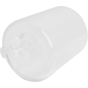 A clear glass mug with a smooth finish, featuring a round base and slight indentation on the edge.
