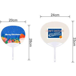 A PVC hand fan featuring a festive design on one side and a vacation-themed message on the other. Predominantly blue and cream.