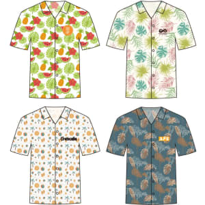 Four vibrant men's button-up shirts in various patterns, featuring tropical fruits and foliage in bright colours. Each shirt has a logo.