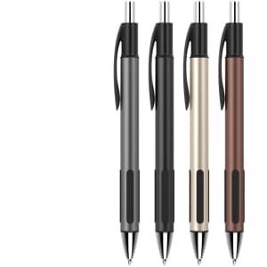 A set of four plastic pens in black, grey, gold, and brown, featuring a logo on the barrel.
