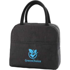 A black cooler lunch bag with dual handles and a logo on the front.