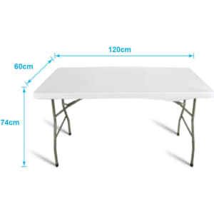 A white foldable table with dimensions of 120cm x 60cm x 74cm and a grey frame, featuring a logo.
