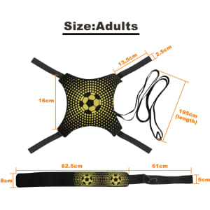 A black and yellow soccer training belt with adjustable straps and a football graphic, measuring 195 cm in length.
