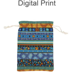 A linen burlap drawstring bag featuring a vibrant, multicoloured digital print pattern. It has a drawstring closure.