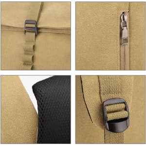 Close-up details of a khaki canvas roll top vintage backpack, showcasing zippers, straps, and mesh padding.