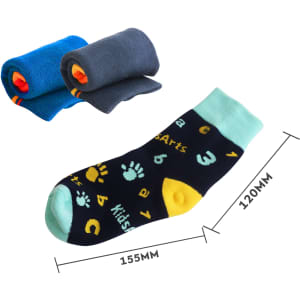 Three pairs of thermal socks in navy, blue, and grey. One sock features a fun custom pattern with numbers and designs.