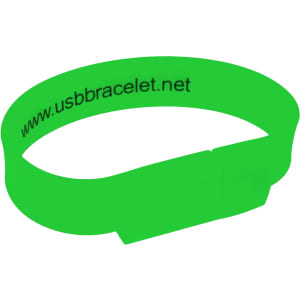 A bright green rectangular silicone wristband flash drive featuring a logo.