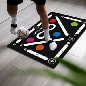 A football training mat featuring a black design with colourful markers and pathways for training activities.