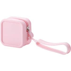 A pink square silicone coin pouch with a zip closure and a wrist strap for easy carrying.