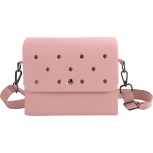 A pink EVA briefcase with a flap and perforated design, featuring an adjustable strap and a silver clasp.