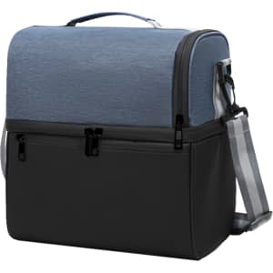 A two-compartment lunch bag featuring a blue top and black bottom, with a shoulder strap and a logo.