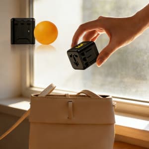 A hand holding a black mini universal travel adapter above a light-coloured handbag, with a small orange nearby.