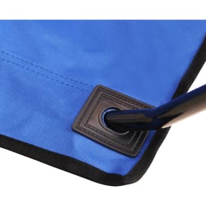 A blue foldable portable camping chair featuring a reinforced corner and metal support pole. It has a logo on the fabric.