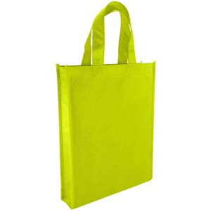 A bright lime green non-woven trade show bag with sturdy handles and a simple design. It features a logo.
