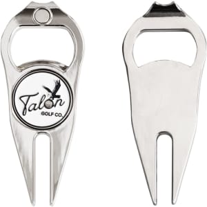 A golf divot tool featuring a ball marker and bottle opener in metallic silver with a logo.