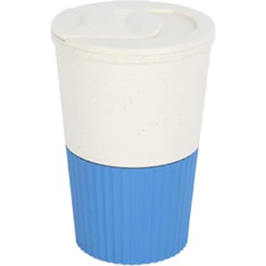 A drink bottle with a white top and blue ribbed lower section, featuring a lid and a logo.