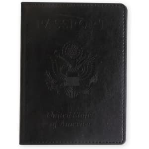 A black PU leather passport holder featuring an embossed design and a logo on the front.
