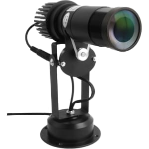 A black LED logo projector light features a lens and adjustable mounting bracket for display purposes.