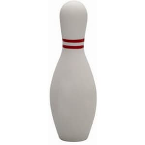 A bowling pin-shaped stress reliever in white with red stripes. The item features a logo.