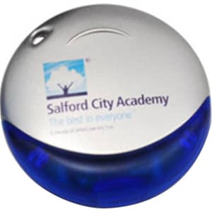 A round blue and silver flash drive featuring a logo and branding on its surface.