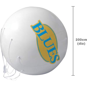 A large white inflatable advertising balloon with a logo and dimensions of 200 cm in diameter.