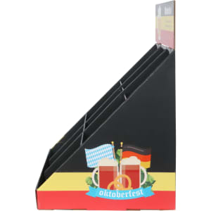 A black 9-pocket counter display with a colourful Oktoberfest design, featuring flags and beer mugs.