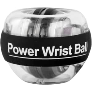 A transparent and black wrist ball with a circular design, featuring a logo on the band.