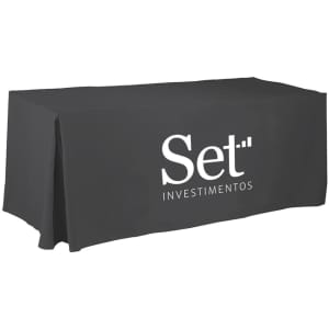 A black 4-side pleated tablecloth suitable for a 6ft table, featuring a logo.
